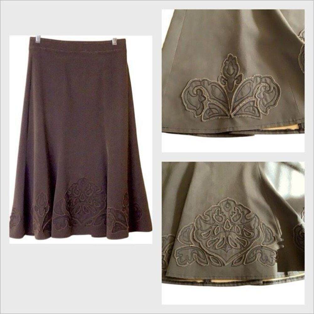 CAbi Dark Brown Embroidered Appliqué Midi Skirt Sz4 Fairy Grunge, Dark Academia